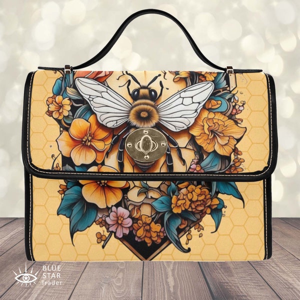 Yellow Honey Bee Purse Handbag, Floral Honeycomb Canvas Satchel bag, Cross Body Purse, cute Bee vegan leather strap Adjustable Strap