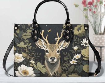 Luxury Deer Purse, Vintage Style Vegan Leather Cottagecore Handbag, Forest Woodland Animals Shoulder Bag, Womens Satchel Luxe Jane