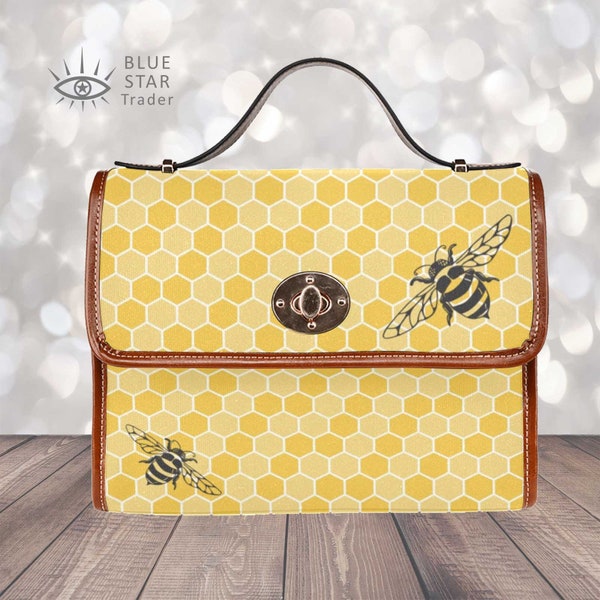 Retro Yellow Honey bee Purse, Canvas Satchel bag, Cottagecore cross body purse, cute Bee vegan leather strap hand bag