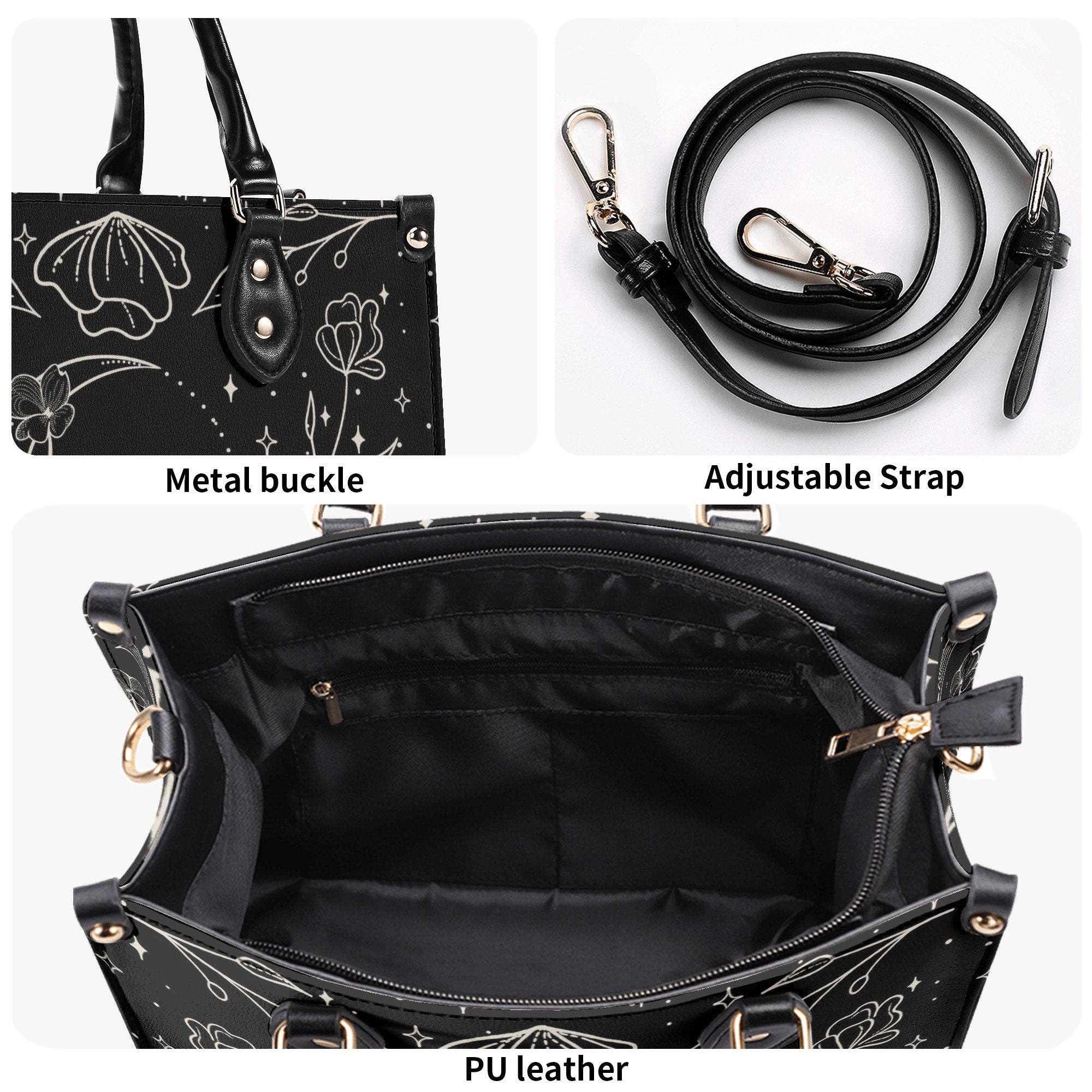 Witch Faux Leather Purse, Cute Women Flower Moon Hand Bag Shoulder Bag