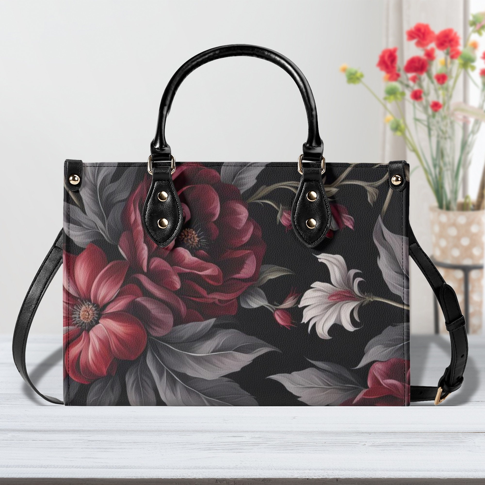 Crimson Rose - Goth Red Flowers Purse, Floral Faux Leather Hand Bag