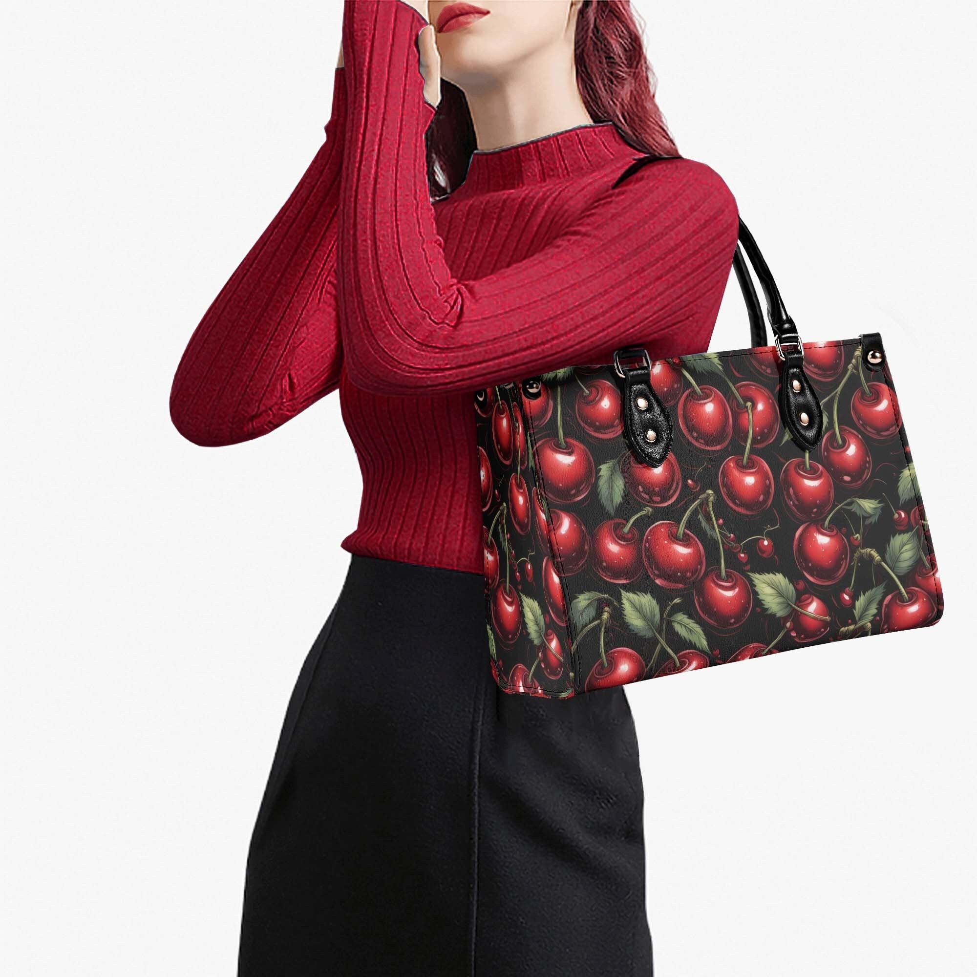 Black Cherry Kiss Purse Handbag, Faux Leather Luxury Hand