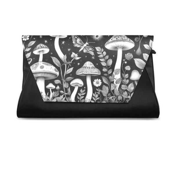 Black White Mushroom Clutch Bag, Womens 11 Inch Mushrooms Handbag Purse handtasche Cottagecore