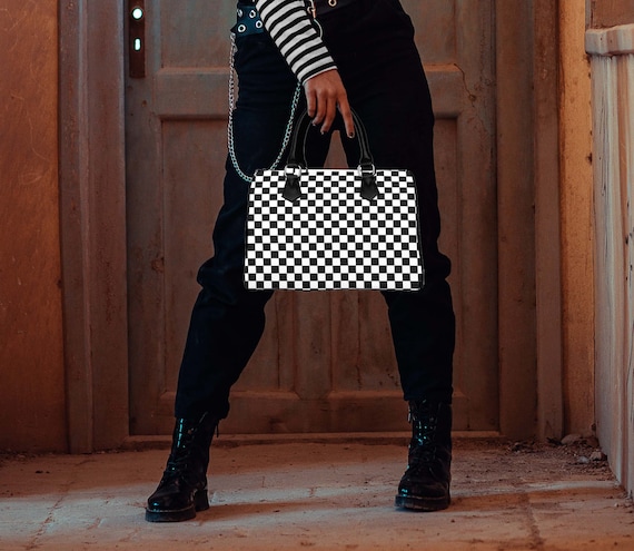 White Checkered Tote Shoulder Bags With Inner Pouch,PU Vegan