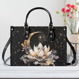 Sac à main en similicuir sorcière fleur de lotus et croissant de lune, sac à main pour femme mignon, sac à bandoulière végétalien, cadeau bohème Cottagecore