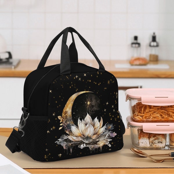 Black Witchy Moon and Lotus Flower Lunch Bag