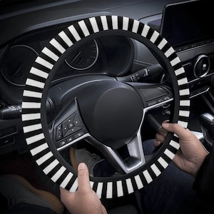 Black White Striped Neoprene Steering Wheel Cover With Elastic | Referee Car Protector | Cute Car Accessory Goth Wheel Cover