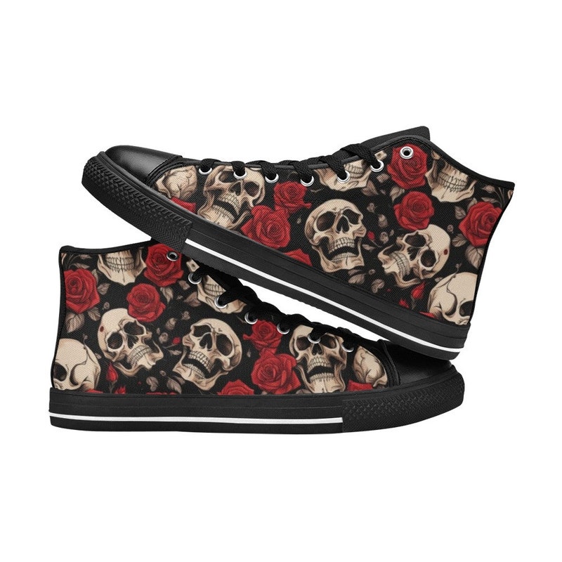 Rose Sugar Skull Skeleton Girly Floral Pattern Print Black Sneaker Shoes For Men Women main image 1
