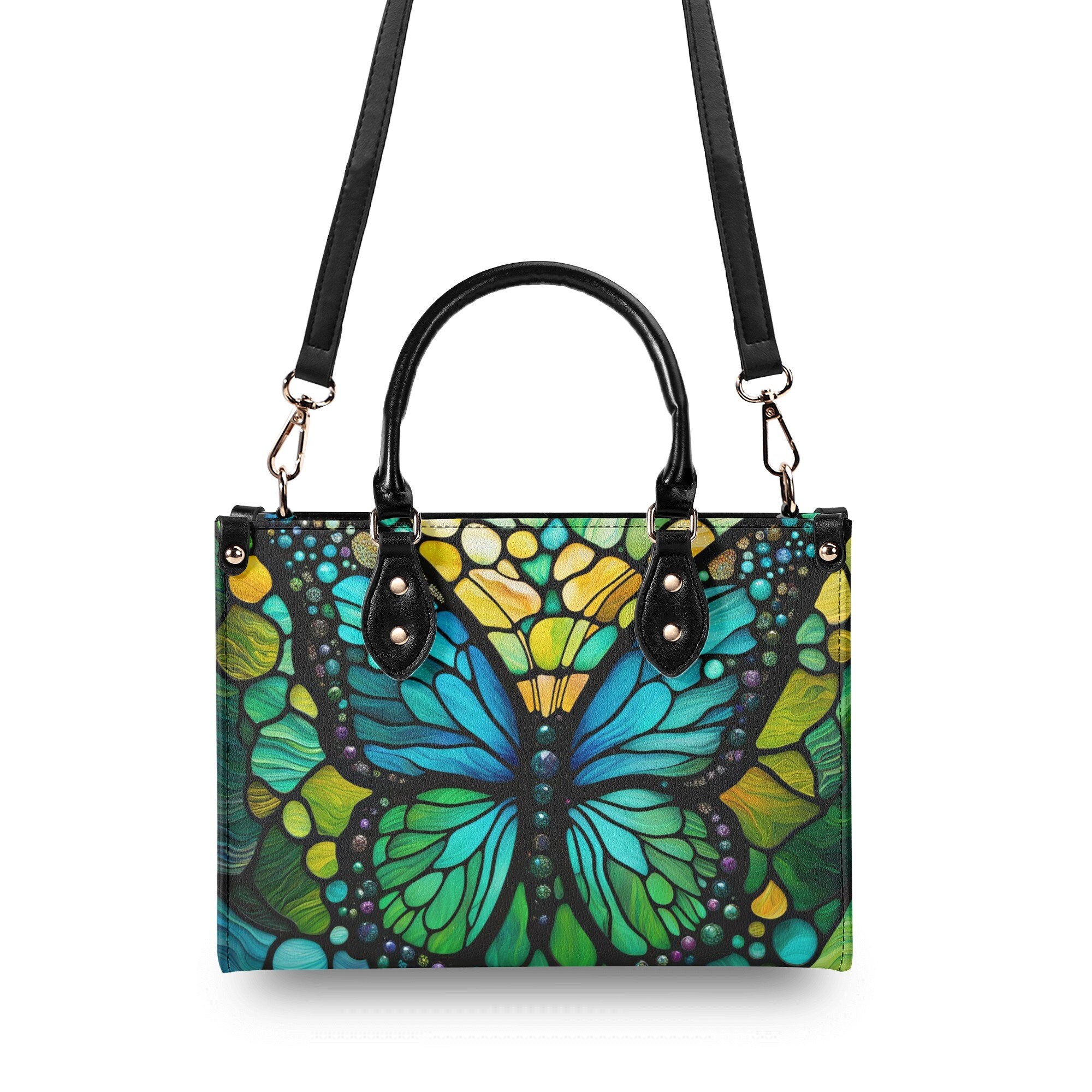 Elegant Turquoise Butterfly Tote Purse, Blue Green Stained Glass Handbag Vegan Leather Bag
