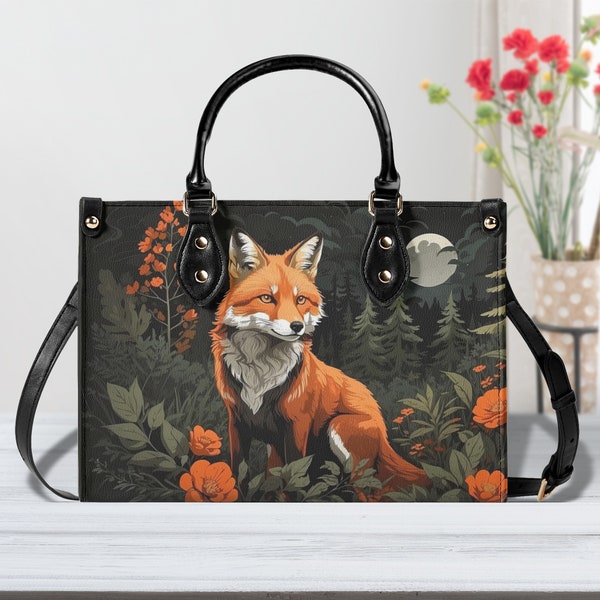 Luxury Fox Purse, Vegan Leather Cottagecore Handbag, Orange Flowers Shoulder Bag, Womens Satchel Purse Luxe Jane Adjustable Strap