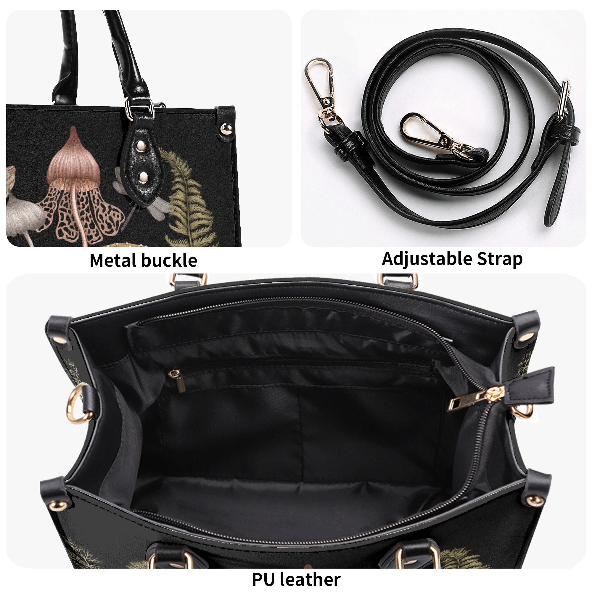 Witchy Mushrooms Faux Leather Purse, Cute women Hand Bag Shoulder Bag