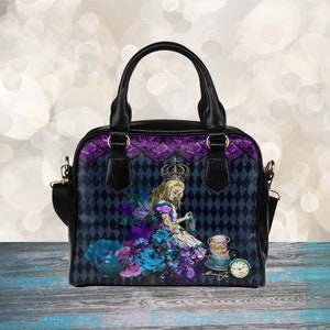 Dark Alice in Wonderland Purple Handbag | Drink Me Shoulder Bag | Tea Time Vegan Purse Satchel Bag Bowler Bag