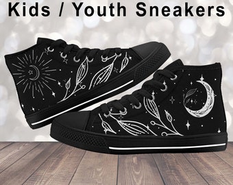 YOUTH Moon Flowers Black High Top Sneakers, Celestial Black or White, Wiccan Pagan Magical Magick, Kids Shoes, Kids Sneakers, Youth Shoes