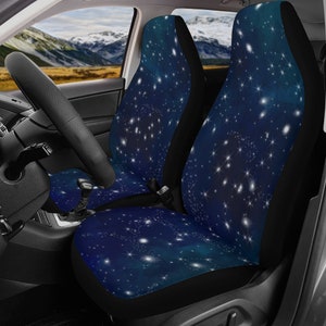 Blue Galaxy Car Seat Covers Set of 2 | White Stars Celestial Outer Space Auto Seat Protectors | Gift for Him