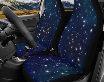 Blue Galaxy Car Seat Covers Set of 2 | White Stars Celestial Outer Space Auto Seat Protectors | Gift for Him