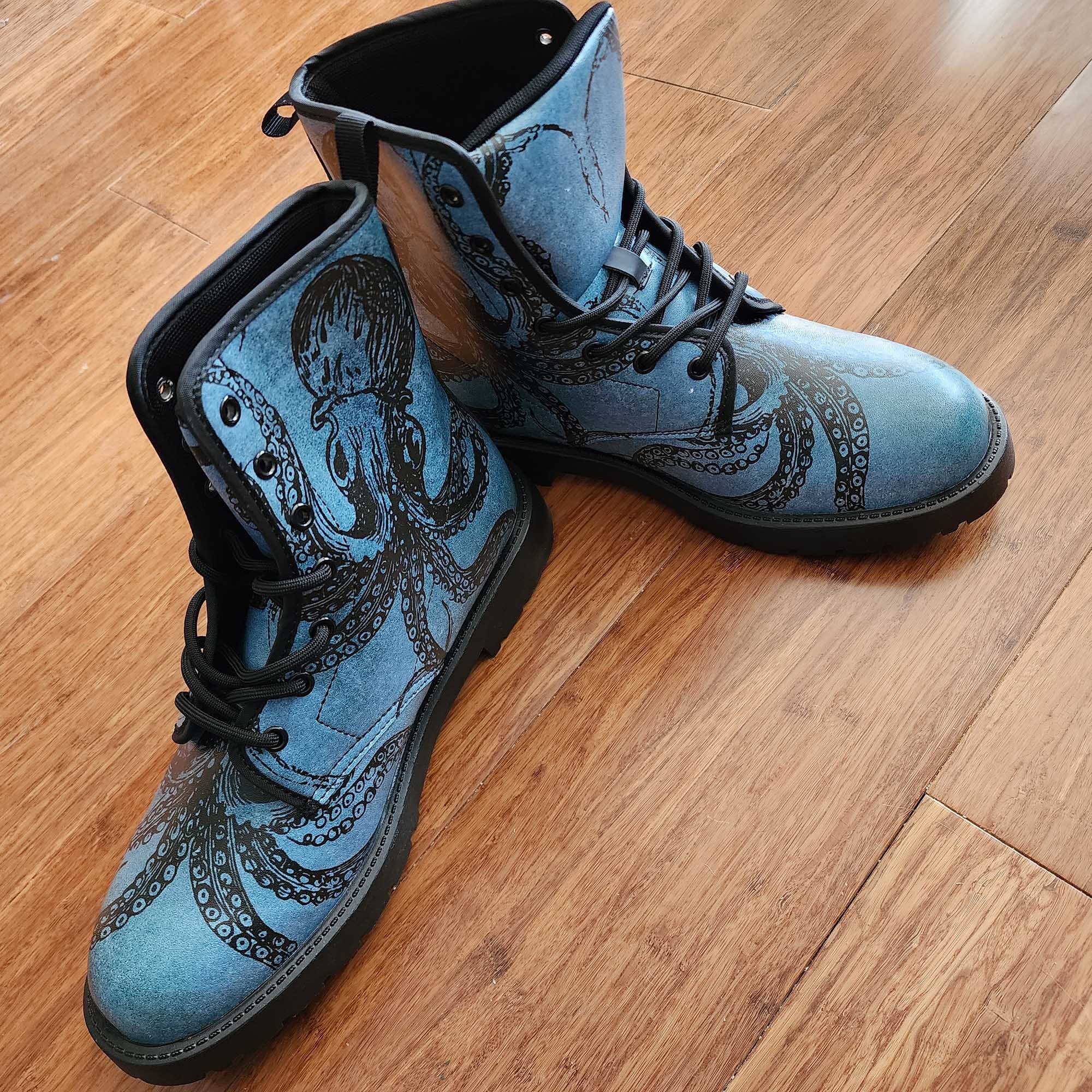 Blue Octopus Boots, Goth Steampunk Combat Style Men's Women's Rockabilly,  Gothic Shoes, Dark Victorian - Etsy