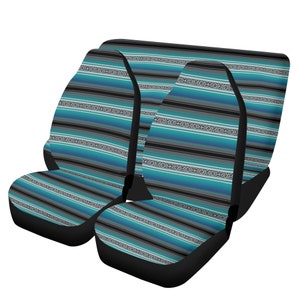 Turquoise Serape Stripes Car Seat Covers Set, Mexican Blanket Print Car Accessories, Car Mats, Steering Wheel Cover