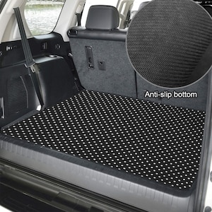 May include: A black car trunk cargo mat featuring a white polka dot pattern. The mat is installed in the rear cargo area of a vehicle. An inset circular detail shows the underside of the mat, which has a textured black anti-slip bottom surface.