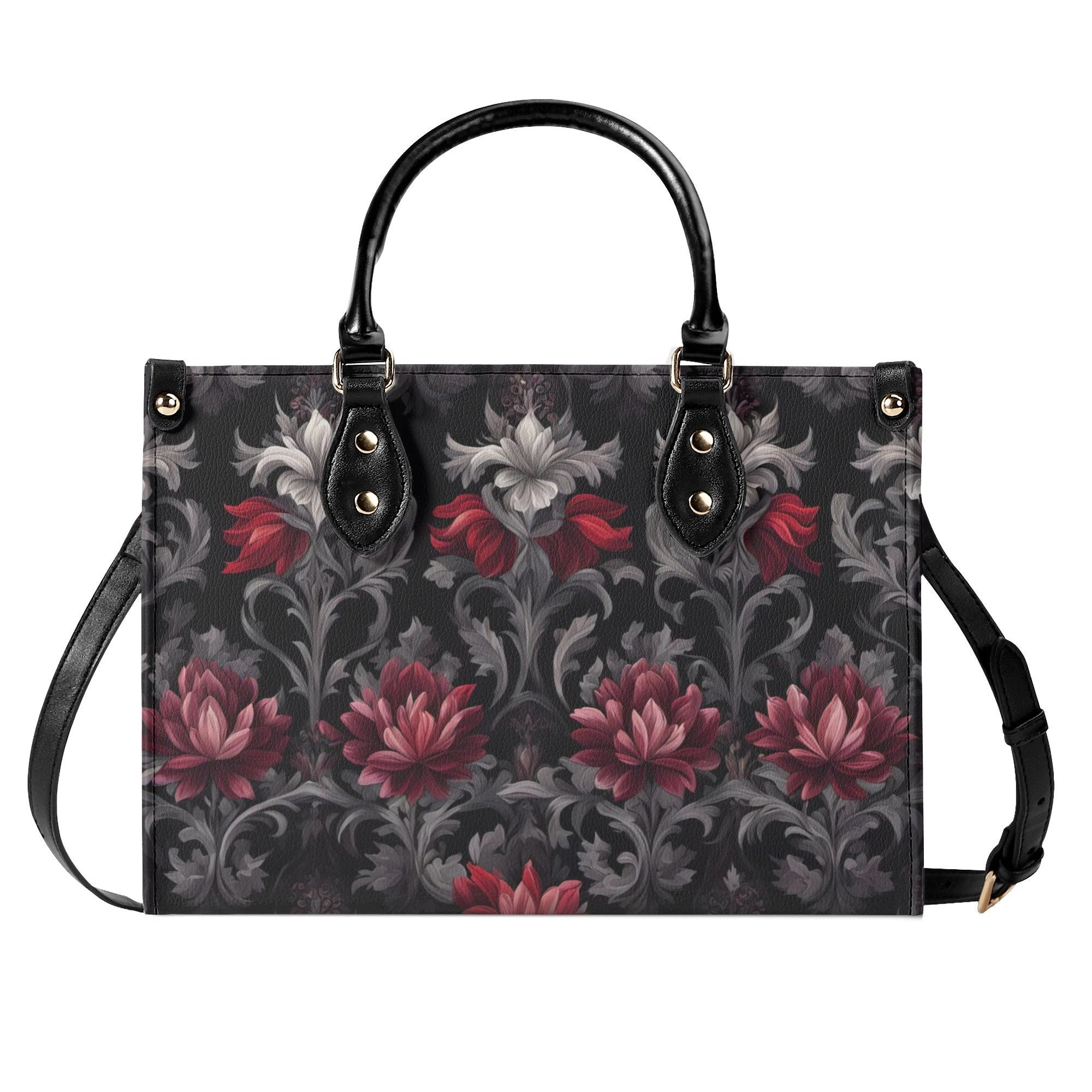 Midnight Peony - Goth Red Flowers Purse, Floral Faux Leather Hand BaG