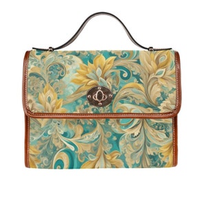 Tranquil Paisley - Turquoise and Gold Handbag Purse, Canvas Cross Body Satchel bag, womens Boho