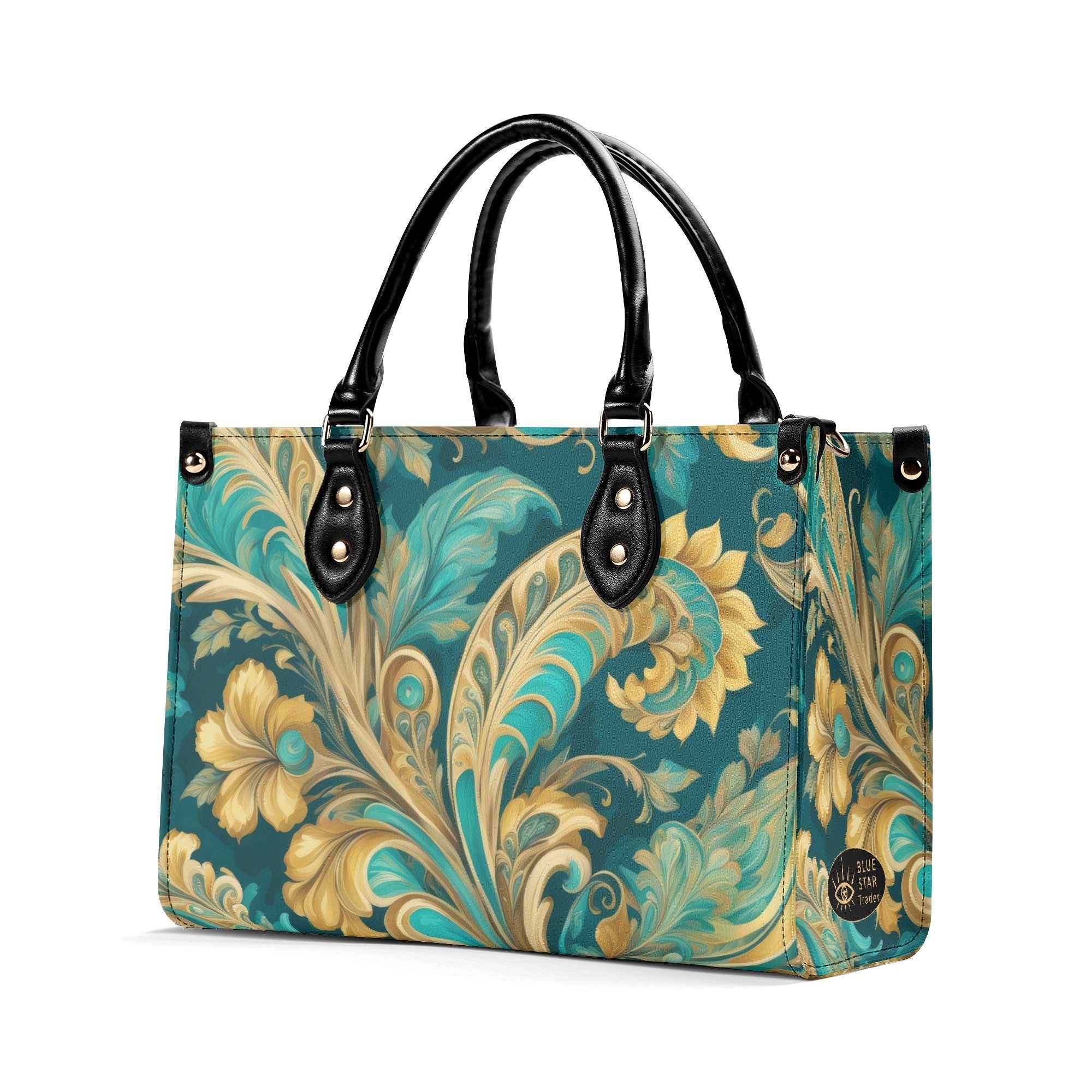 Turquoise Tapestry Paisley Tote Purse, Blue Green Unique Abstract Handbag Vegan Leather