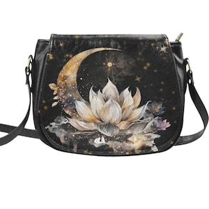 Lotus and Crescent Moon Bag, Vegan Saddle Bag Purse Lotus Flower, Saddlebag, Cottagecore Crossbody Bag, Shoulder Bag