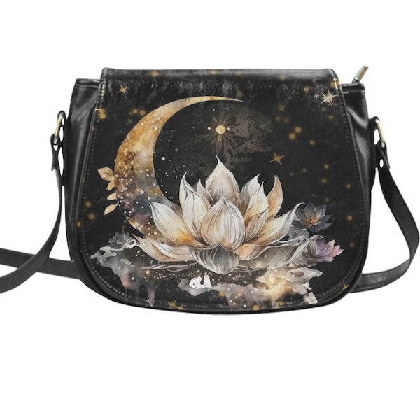 Lotus und Halbmond Umhängetasche, Vegane Satteltasche Geldbörse Lotus Blume, Satteltasche, Cottagecore Crossbody Bag, Schultertasche