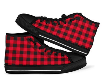 Red Buffalo Plaid High Tops Men's Women's Ankle Shoes Red Checkered Sneakers Lumberjack Pattern, Black Accents