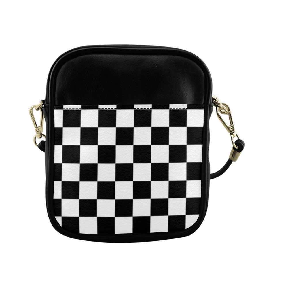 Mini Checkered Bag, Black White Vegan Leather Sling Bag, Small Crossbody Bag, Cute Mini Phone Bag Purse
