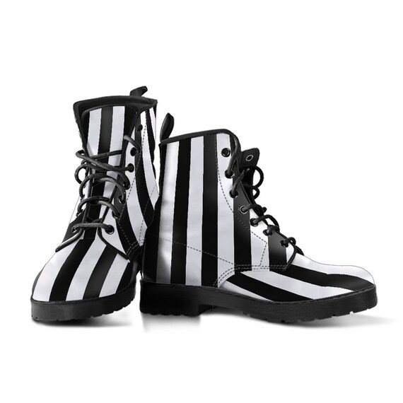 Black White Striped Boots Combat Style Men s Women s With Black