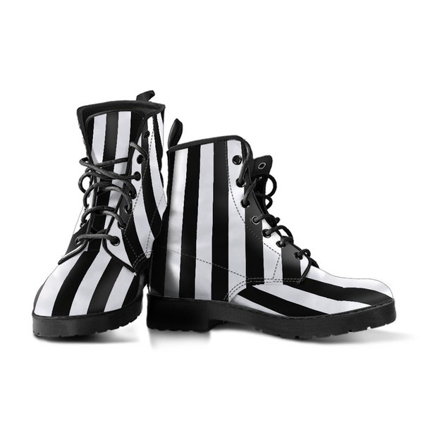 Botas de rayas blancas y negras estilo combate para hombres y mujeres con suelas negras/botas góticas árbitro Beetlejuice disfraz de adulto Cosplay
