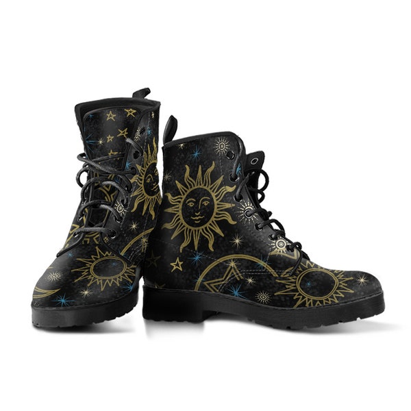 Black Artistic Sun Moon Stars Celestial Boots Combat Style with Black Soles, Lace Up Ankle Boots Mens Womens