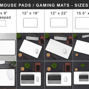 May include: White mouse pads in various sizes, including 7" x 9", 12" x 18", 12" x 22", and 15.5" x 31". The image shows the mouse pads with a mouse and keyboard, and other office supplies.