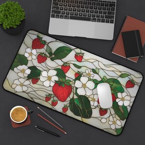 Strawberry Blossoms Desk Mat | Floral Gaming Pad, Cute Faux Stained Glass Fruit Design image 8