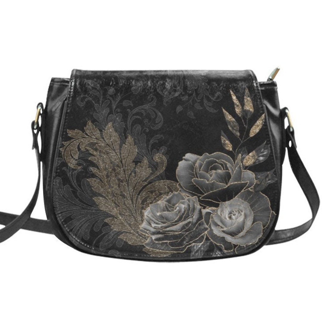 Goth Black Roses Purse, Vegan Saddle Bag, Black Saddlebag, Dark