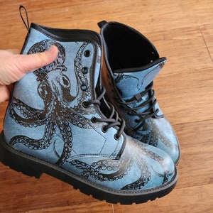 EU 40 Womens 9 Mens 7 Blue Octopus Boots NEW, Goth Steampunk Combat Style (Quick Ship USA)