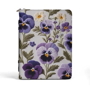 Purple Pansies Faux Embroidery Book Cover for Women, Printed Vinyl Bible Case, Christian Gift
