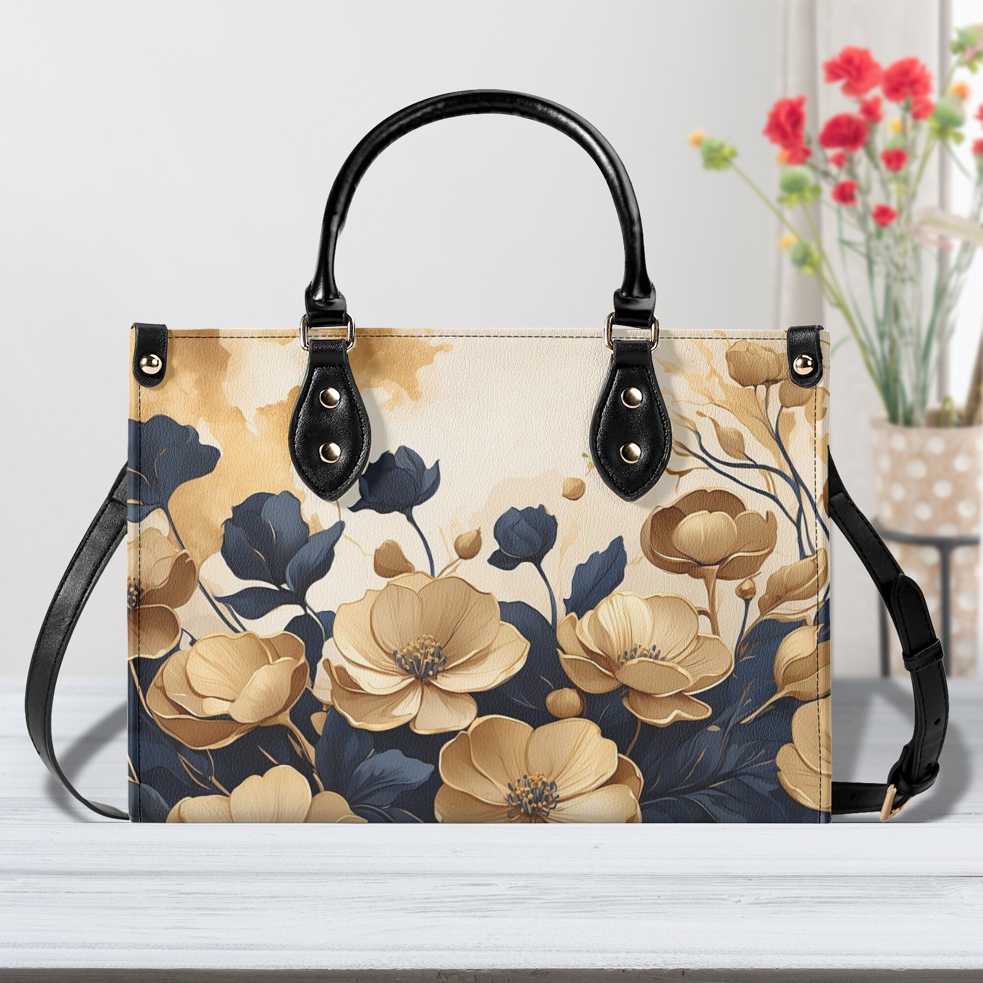 Elegant Blue Flowers Purse, Floral Faux Leather Hand Bag, Unique Womens Shoulder Bag