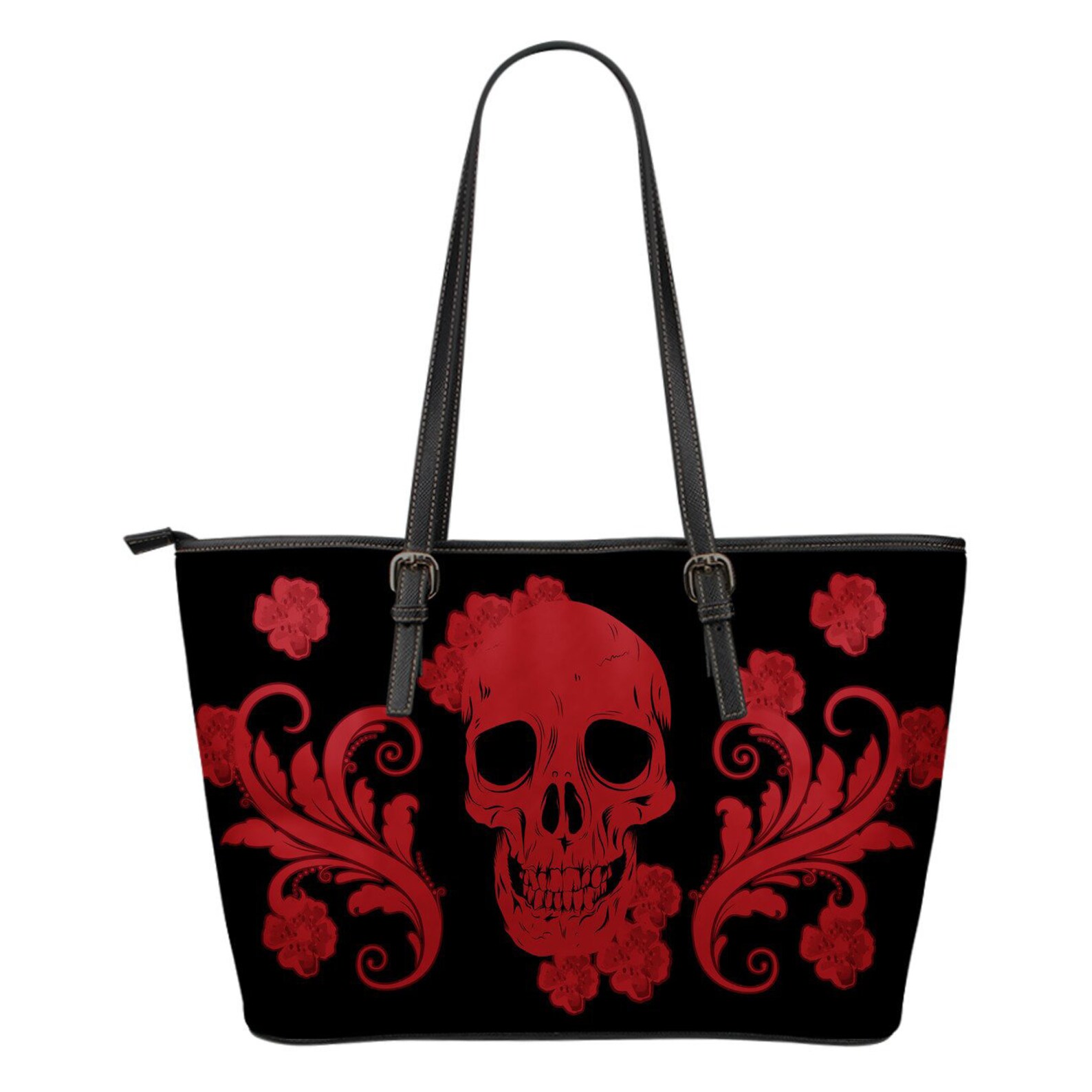 Skull With Flourishes and Flowers Large Vegan Tote Handbag Red | Etsy