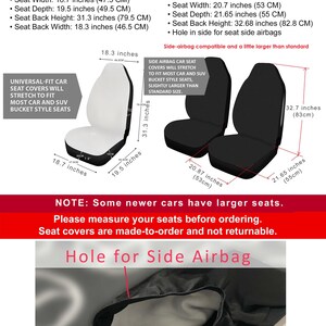 May include: Diagram of car seat covers with dimensions in inches and centimeters. Includes measurements for standard and side airbag-compatible seat covers. Text indicates seat covers stretch to fit most car and SUV bucket style seats.