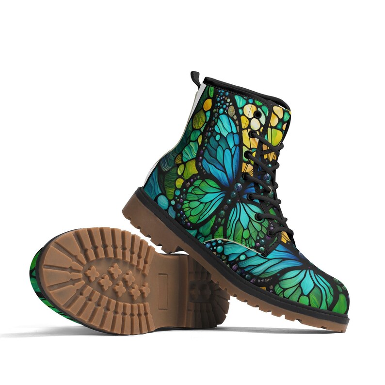 Blue Green Butterfly Combat Boots, Women's Lace Up Boots Stained Glass, Men's Ankle Boots, Shoes, Luxe Paxton Boots