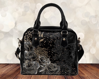 Goth Gray Roses Handbag, Black Floral Shoulder Bag, HandBag, Satchel Purse