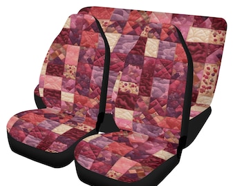 Dark Pink Boho Patchwork Car Seat Covers Set, Faux Quilted Printed Fabric Car Accessories, Car Mats, Steering Wheel Cover