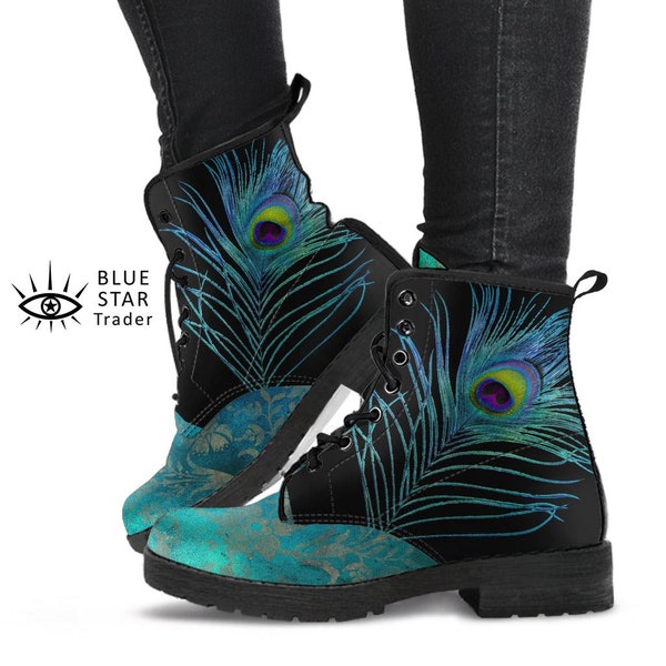 Goth Boots, Teal Peacock, Men's Combat Boots, Women's Ankle Boots Floral Feather Teal Turquoise