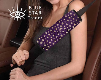 Purple Gold Stars Moons Neoprene Car Seat Belt Cover, Witch Car Accessory, SeatBelt Protectors, Magic, Wizard, Astronomy Vehicle Protector