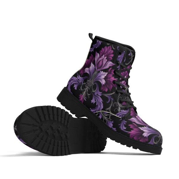 Purple Flowers Combat Boots, Goth Women's Lace Up Boots, Men's Ankle Boots, Gothic Black Shoes, Luxe Paxton Boots