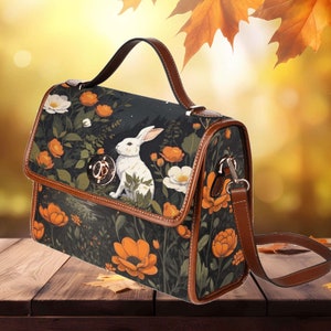 Sac à main lapin blanc Woodlands, sac à main pour femme mignon, sac cartable en toile lapin Cottagecore, sac à main bandoulière, sac à main végétalien