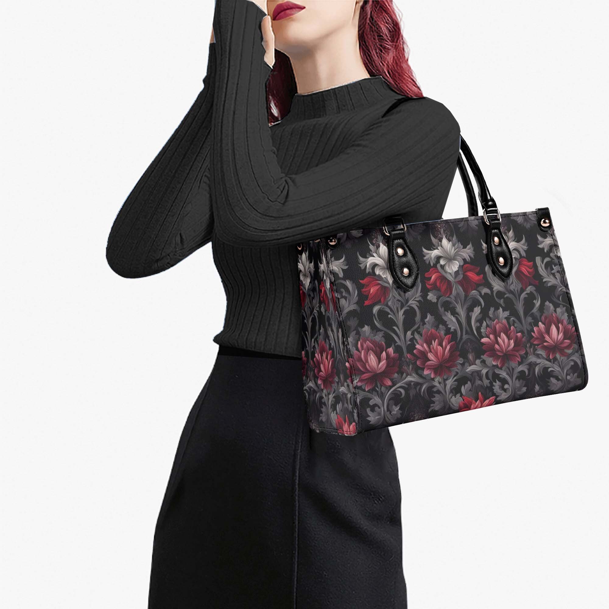 Midnight Peony - Goth Red Flowers Purse, Floral Faux Leather Hand BaG