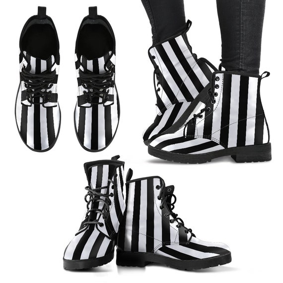 Black White Striped Boots Combat Style Men s Women s With Black Soles Goth Boots Referee Beetlejuice Adult Costume Cosplay Etsy UK