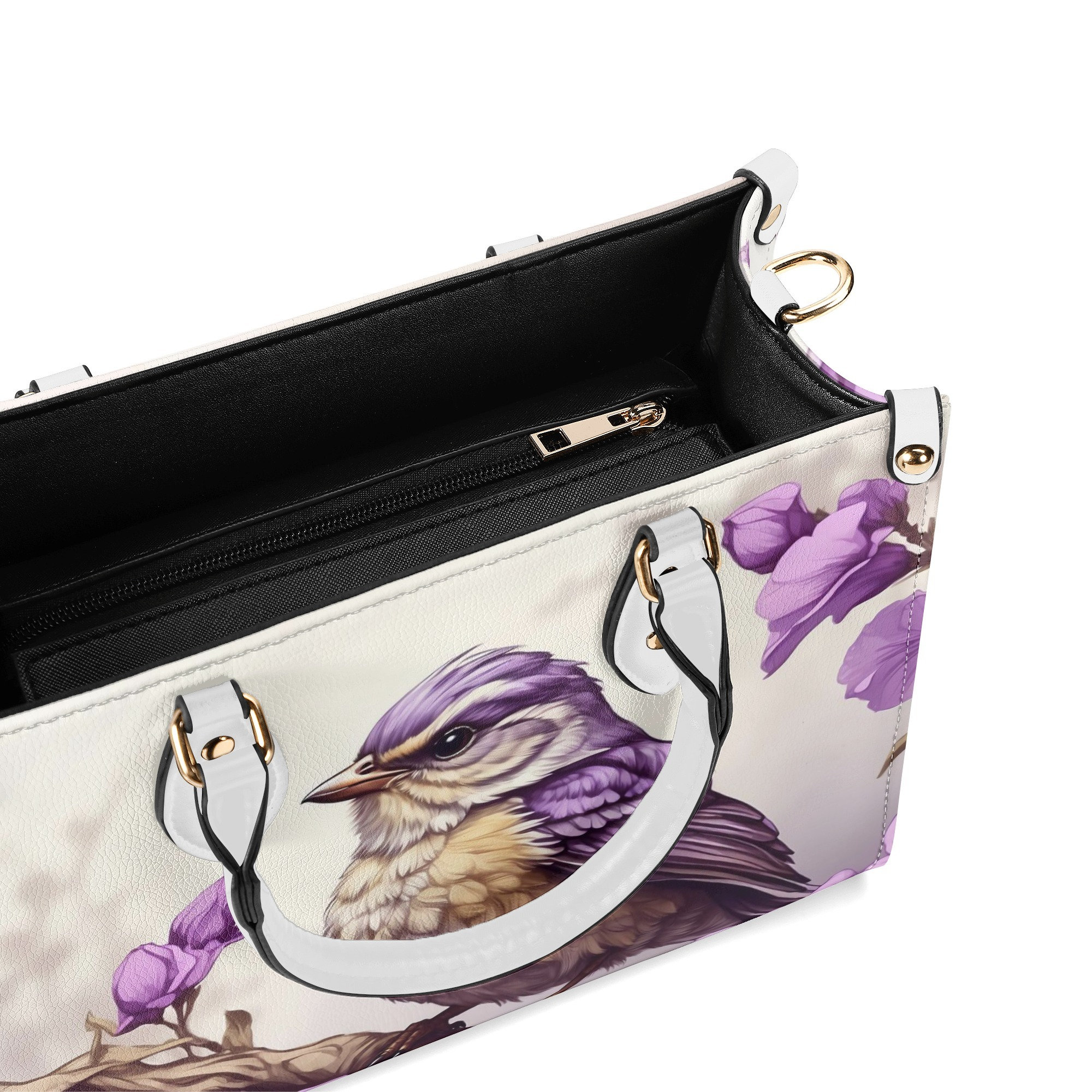 Elegant Purple Bird Floral Purse, Song Bird Flowers Vegan Leather Hand Bag